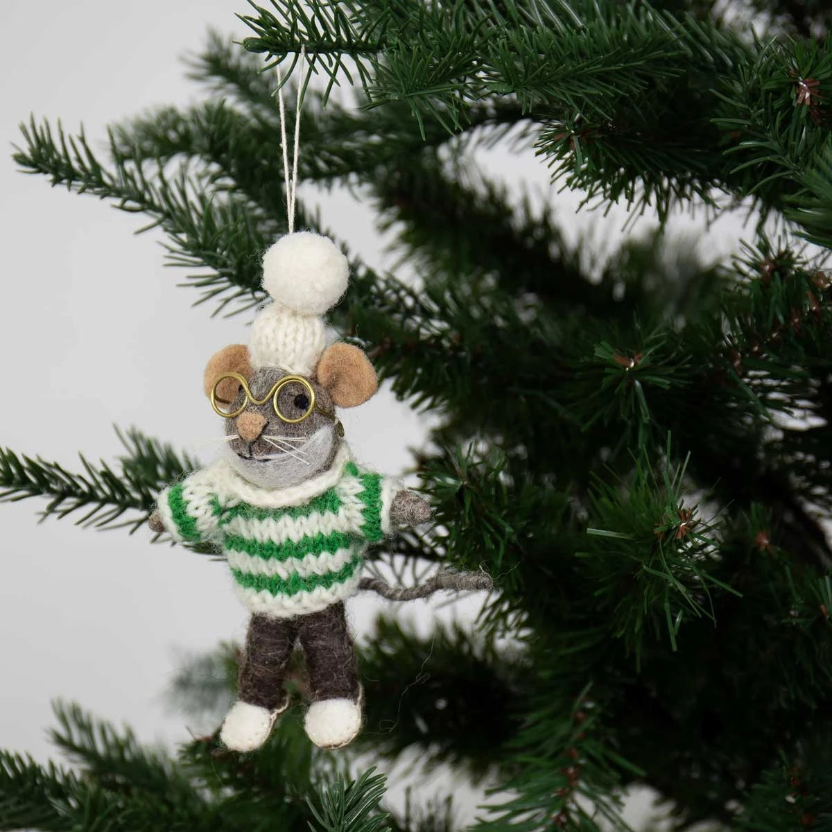 Grandpa Mouse with Slippers Hand Felted Hanging Ornament