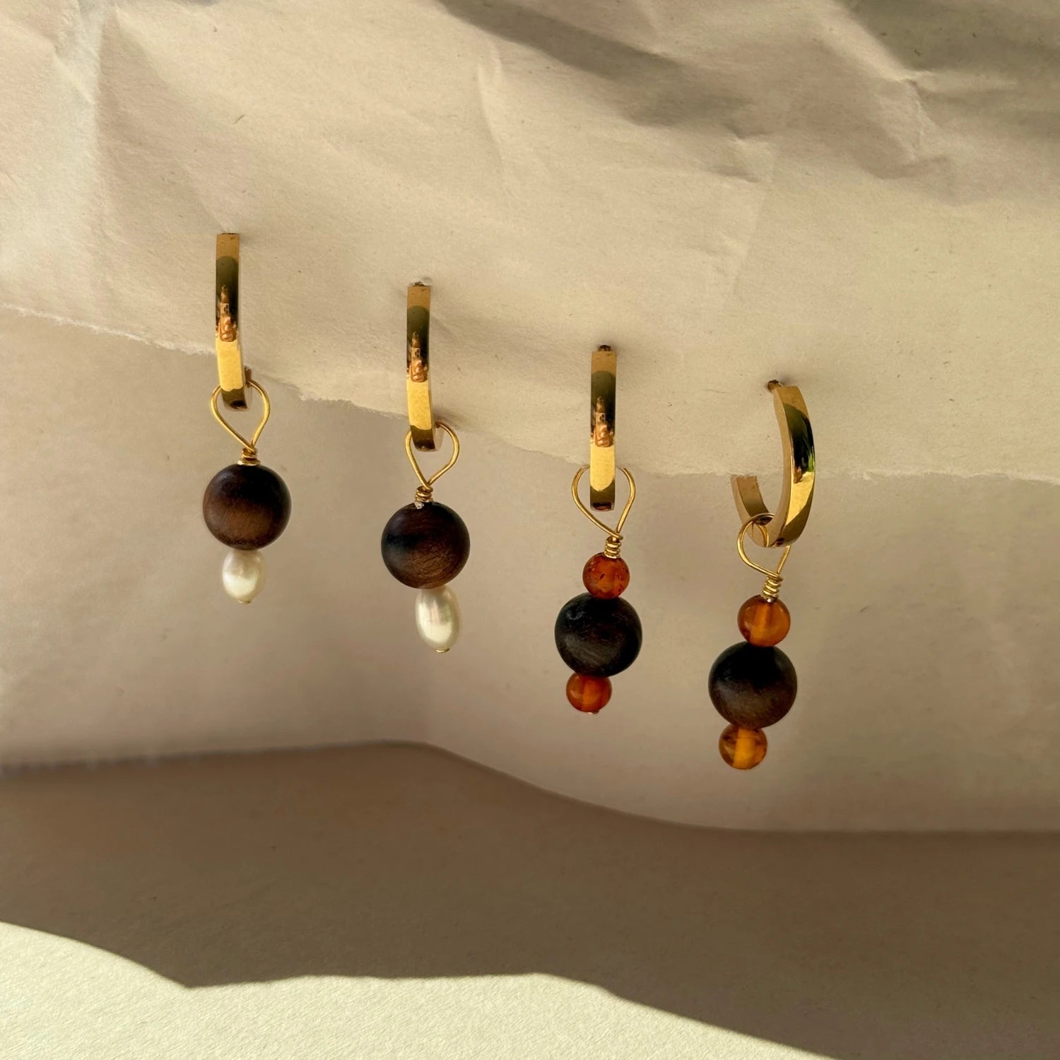 Pearl & Wood Small Hoop Earrings in Gold or Silver by A Weathered Penny - Lifestory