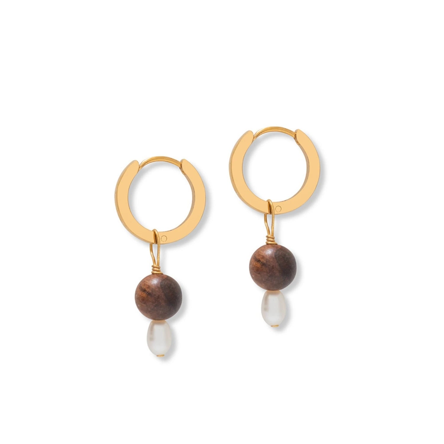 Pearl & Wood Small Hoop Earrings in Gold or Silver by A Weathered Penny - Lifestory