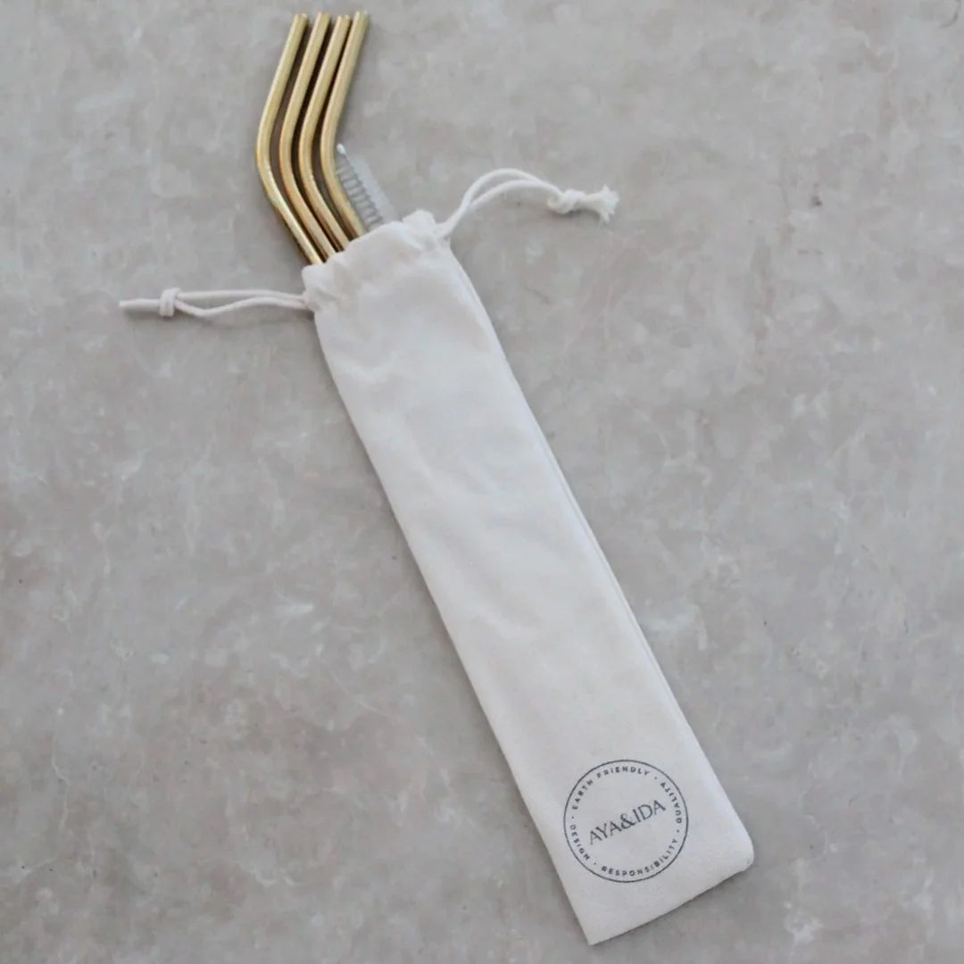 Aya&Ida Set of 4 Reusable Long Gold Drinking Straws with Brush