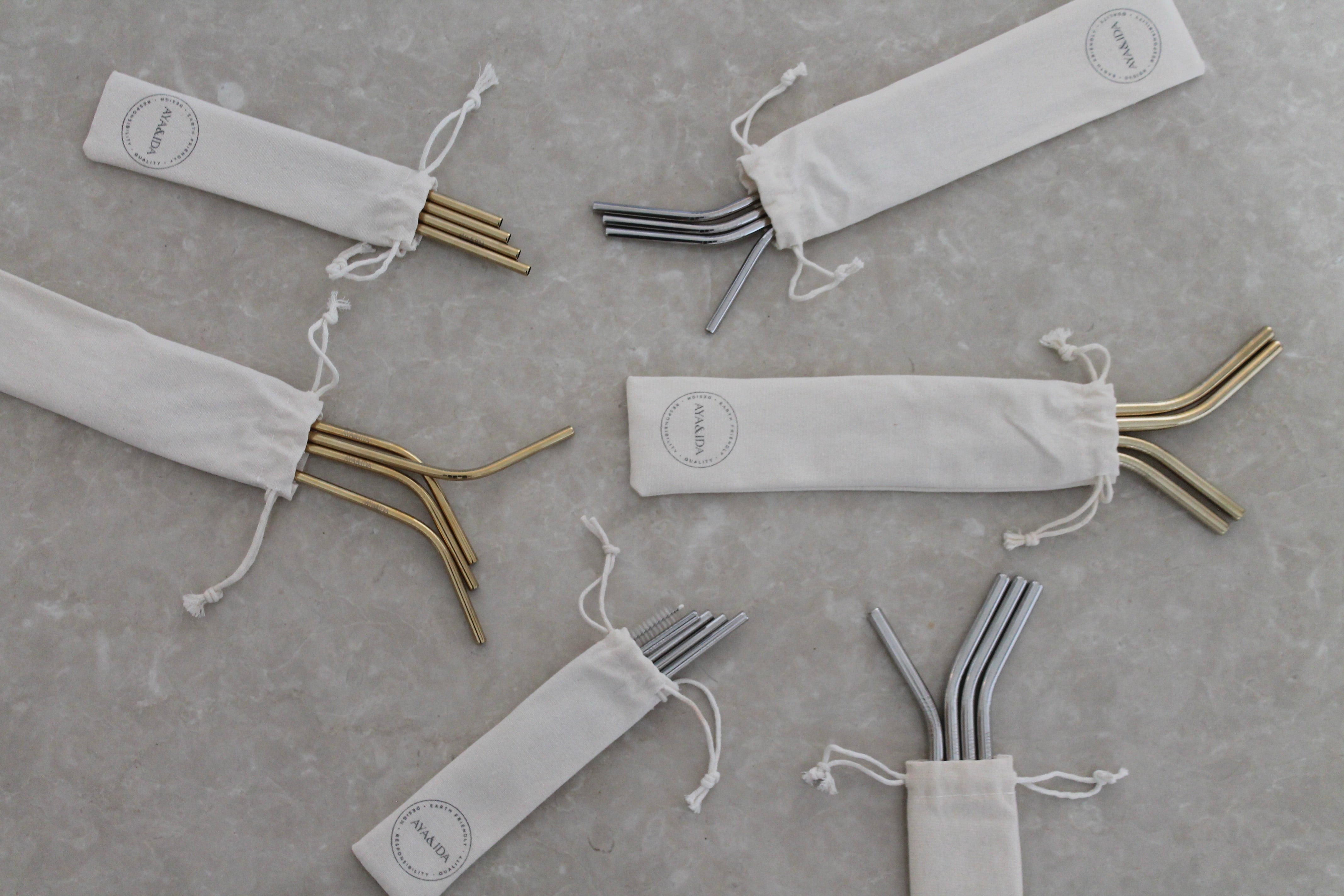 Aya&Ida Set of 4 Reusable Short Gold Drinking Straws with Brush - Lifestory