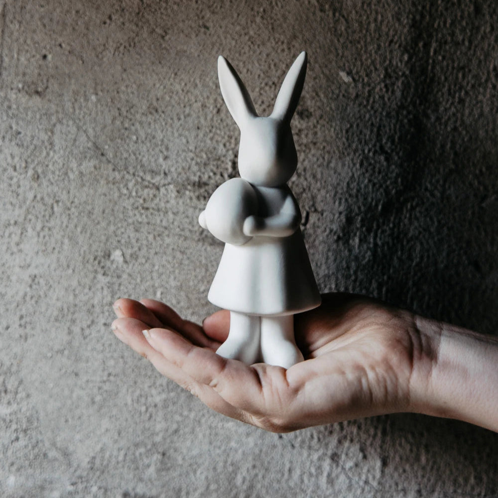 Alice Ceramic Rabbit Ornament with Egg in Matte White by Storefactory - Lifestory