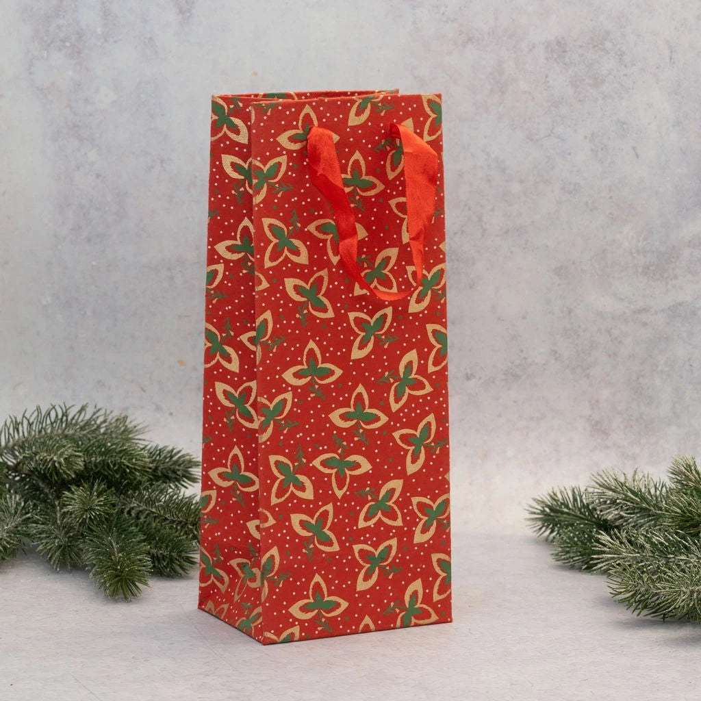 Bottle Gift Bag - Handcrafted Paper & Recycled Fabric in Red Tri-Leaf