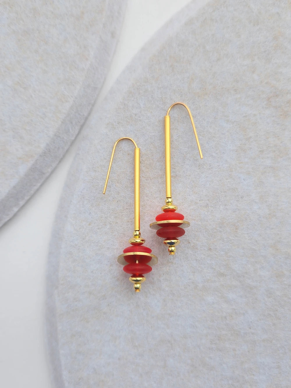 Colore Impilati Brass and Glass Earrings in scarlet red by brass+bold