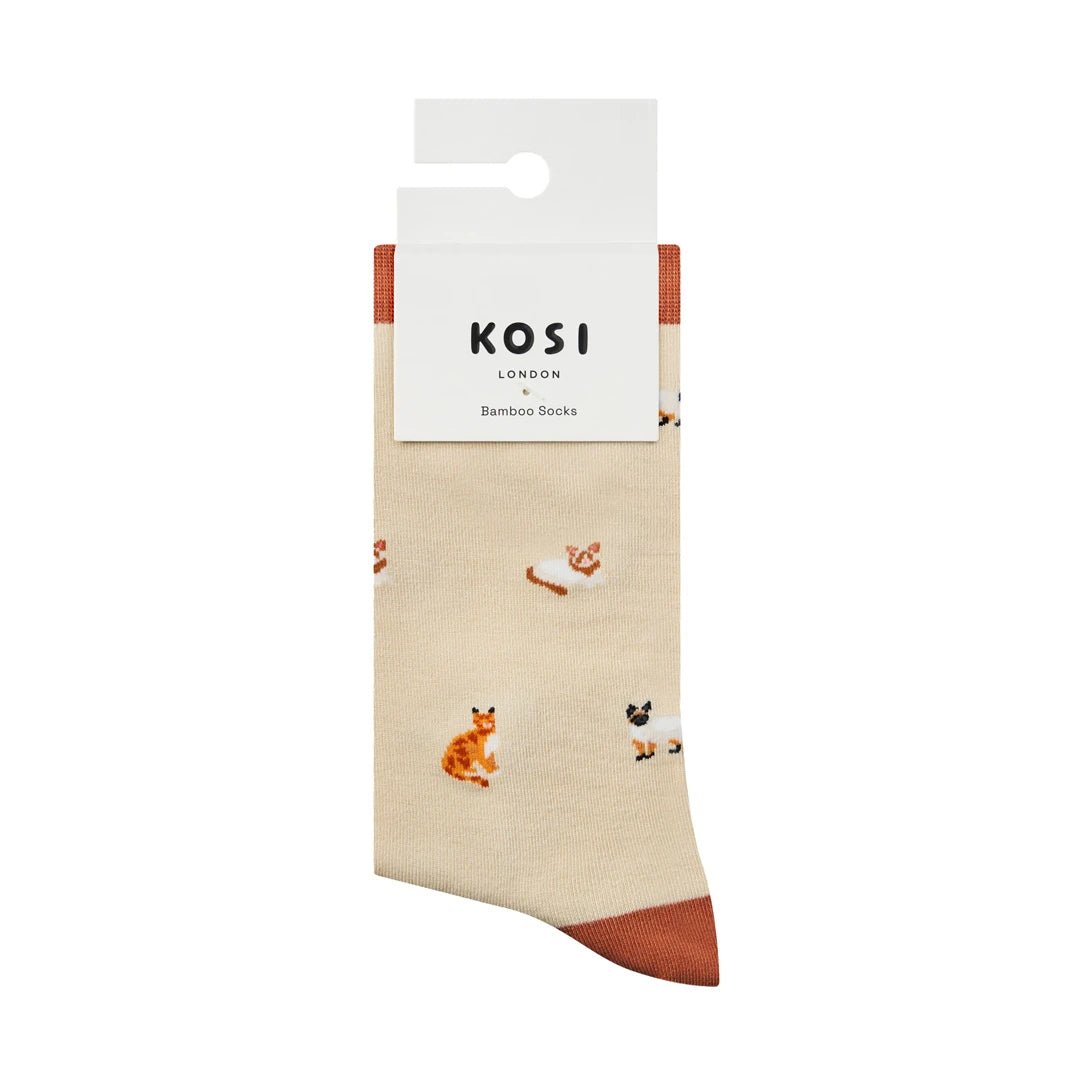KOSI London The Cats Bamboo Socks (UK 3-8) and KOSI London packaging on a white background | Lifestory
