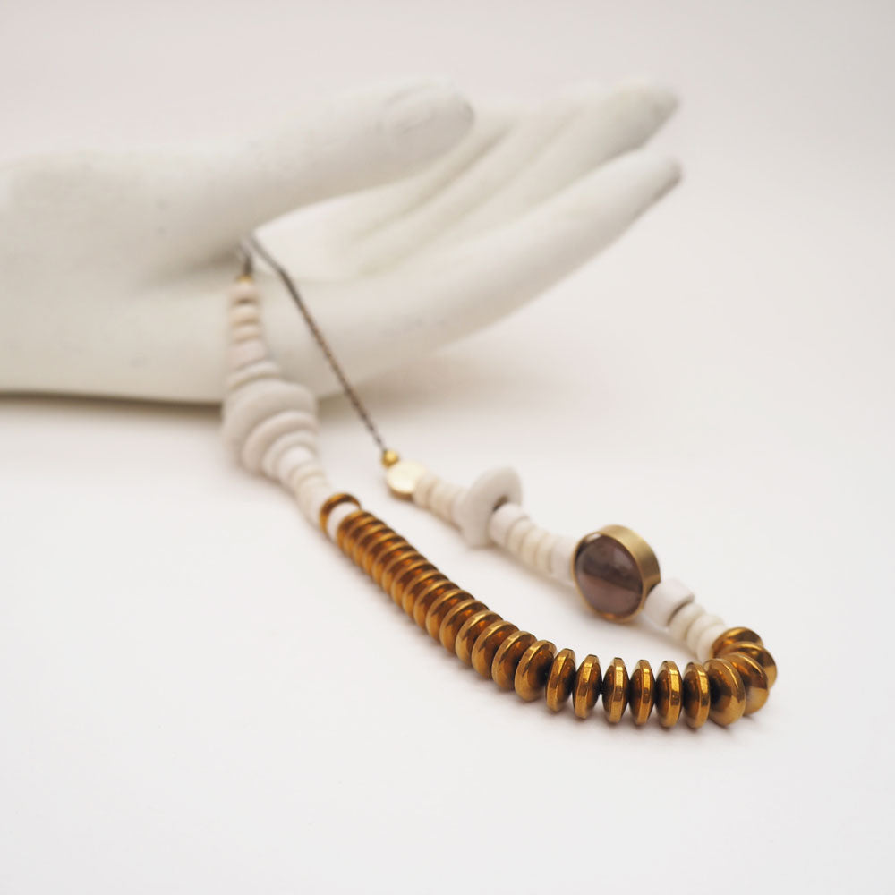 Consta Long Necklace | Krobo, Java, Hematite, Quartz & Brass Beads | by brass+bold - Lifestory - brass+bold
