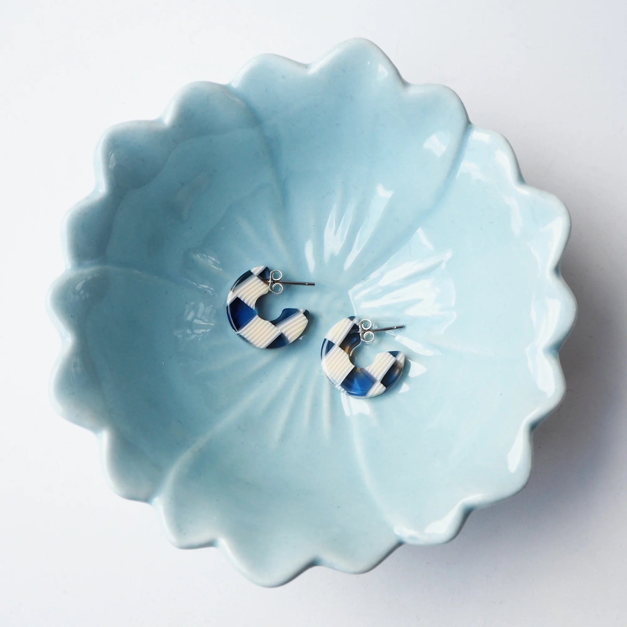 Ocean Checker Flat Super Mini Hoop Earrings | Blue & Cream | by Custom Made - Lifestory