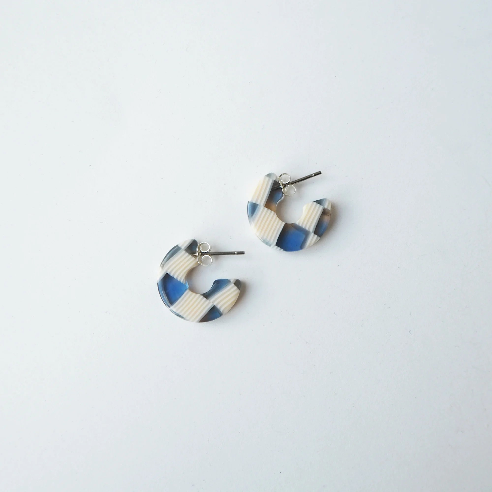 Ocean Checker Flat Super Mini Hoop Earrings | Blue & Cream | by Custom Made - Lifestory