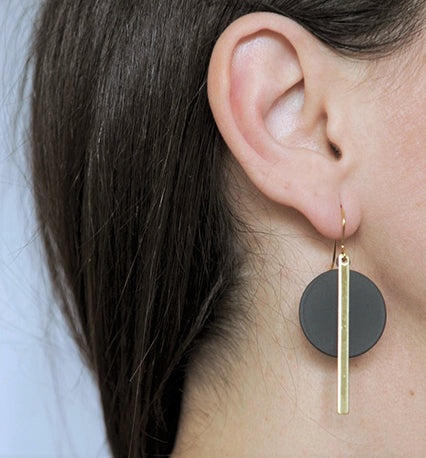 Black Disc & Brass Bar Earrings | by brass+bold - Lifestory