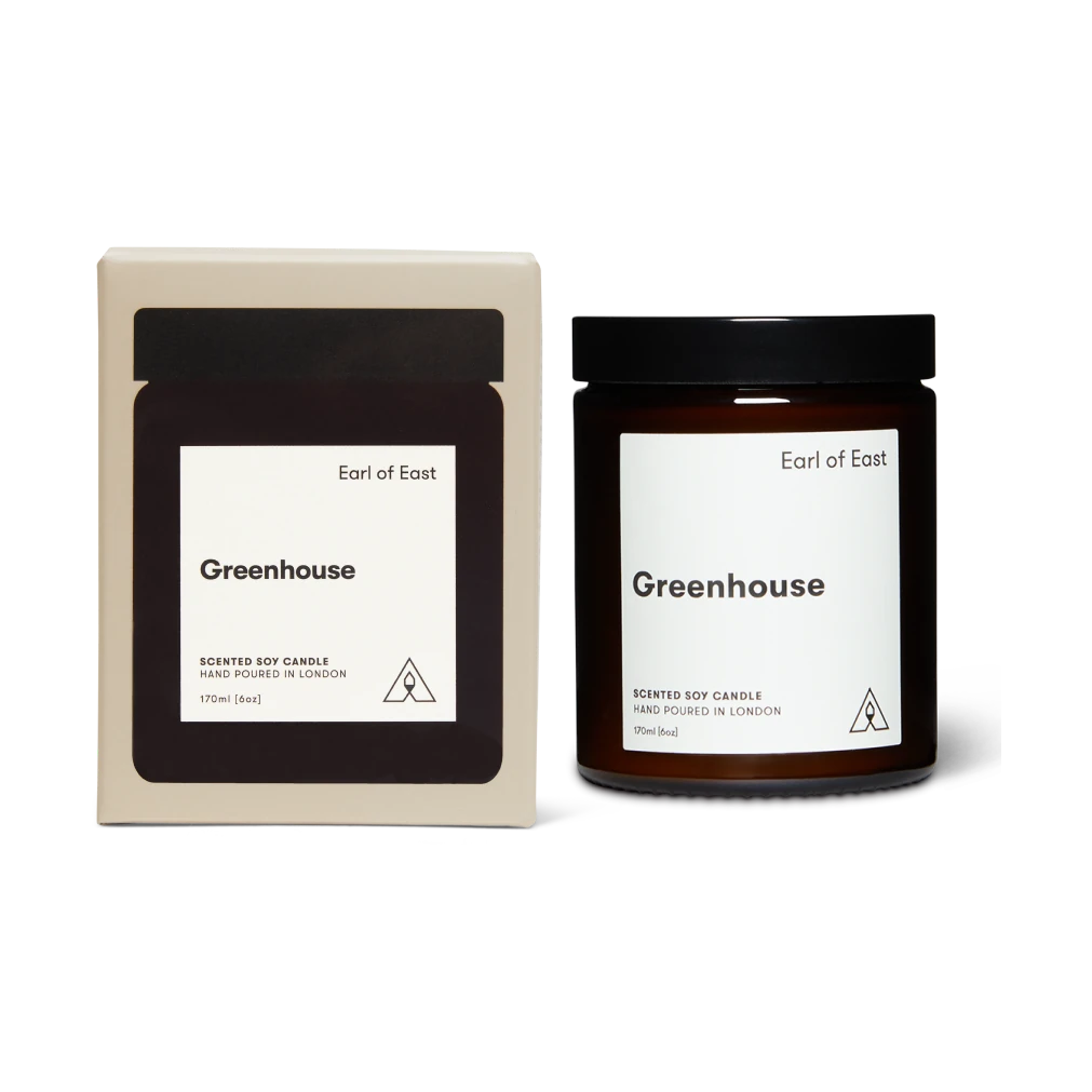 Earl of East 'Greenhouse' scented soy candle with packaging on a white background