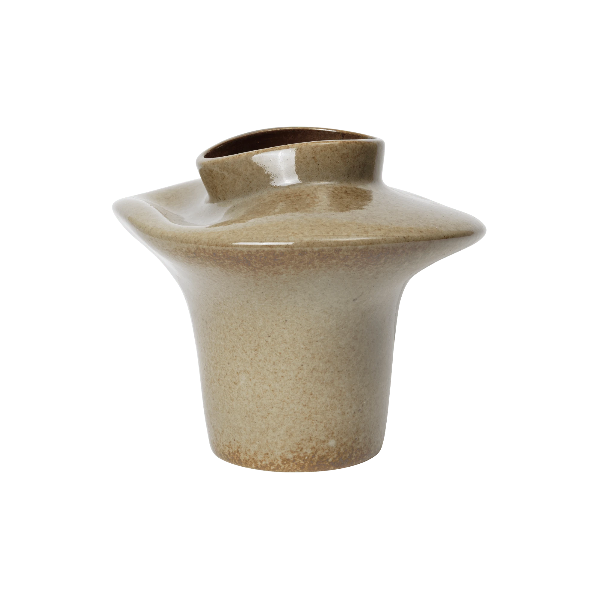 Beige ceramic vase with a textured surface on a white background
