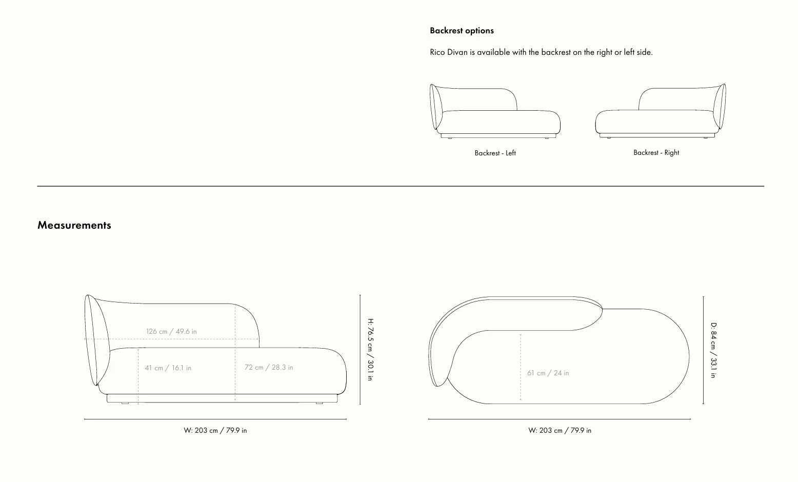 Illustration of Ferm Living Divan Sofa with dimensions and left or right sided backrest