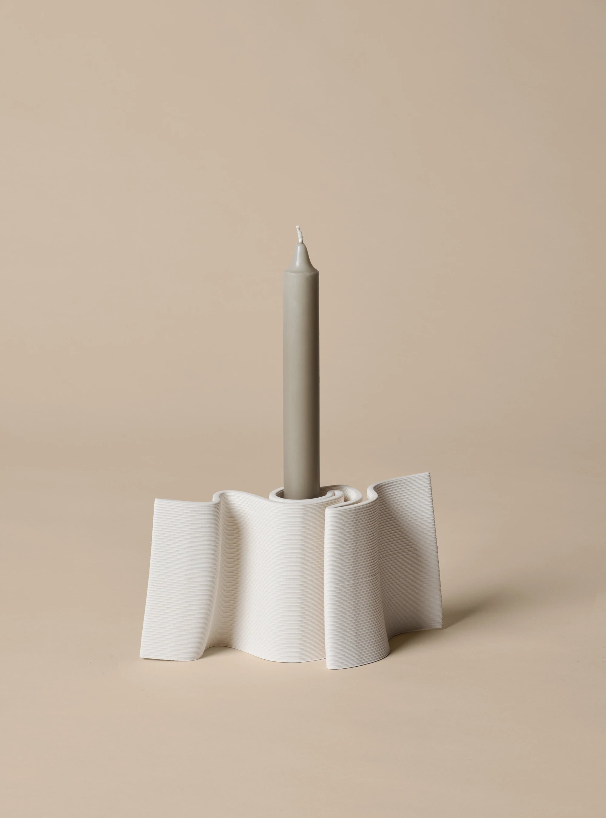 Ferm Living Dedali Candle Holder in Off-White 3D Printed Stoneware with a candle