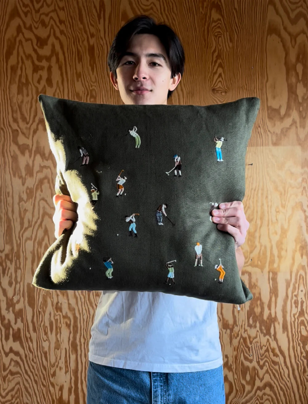 Fine Little Day 'Golfers' Embroidered Square Cushion Cover - Optional Inner - Lifestory