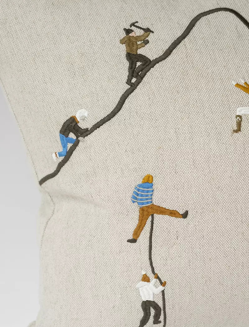 Fine Little Day 'Mountain Climbers' Embroidered Square Cushion close details on 4 climbers