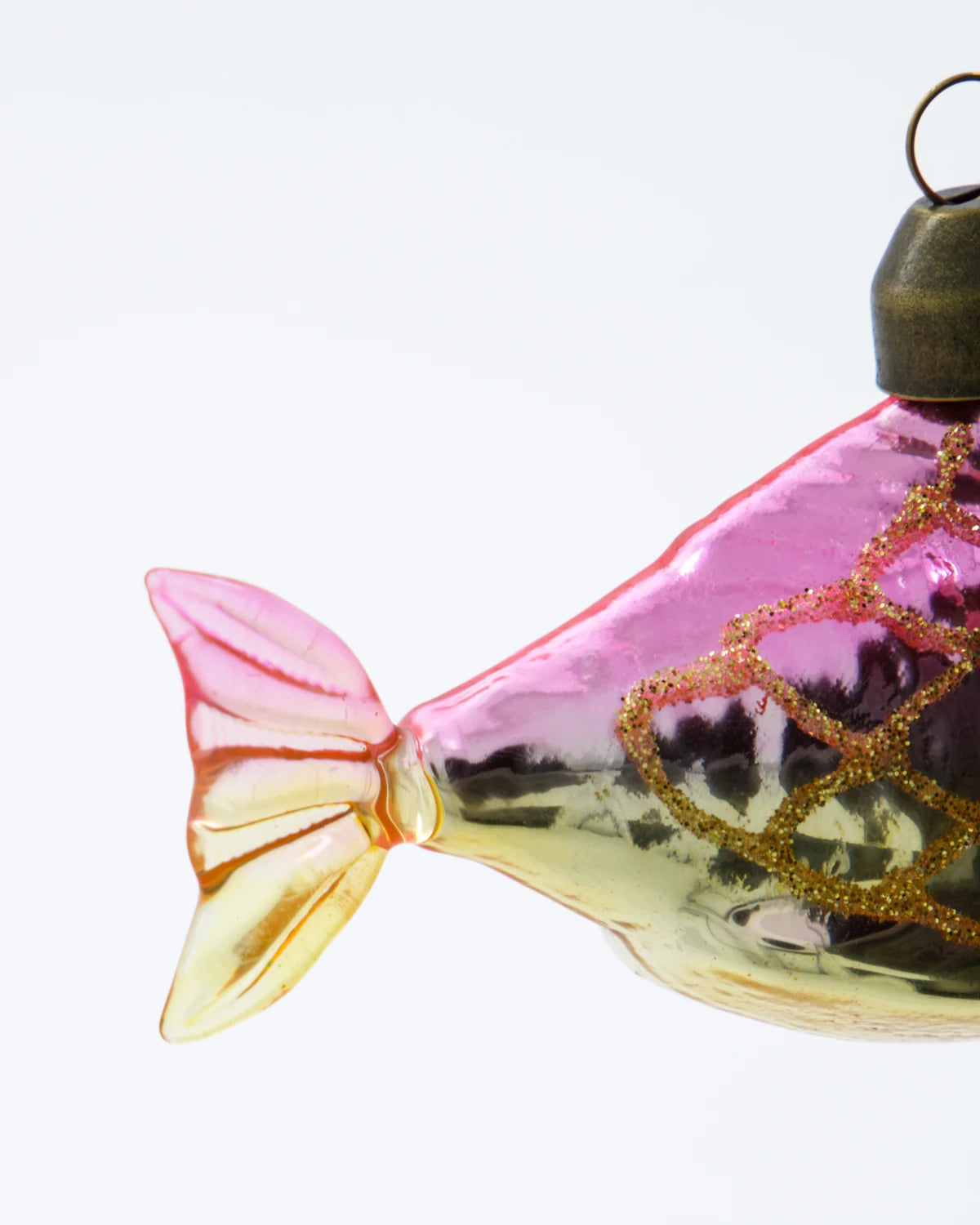 House Doctor Set of 4 Glass 'Pez' Hanging Ornaments in Gold & Pink - gold and pink fish against a white background - detail image of glass with glitter