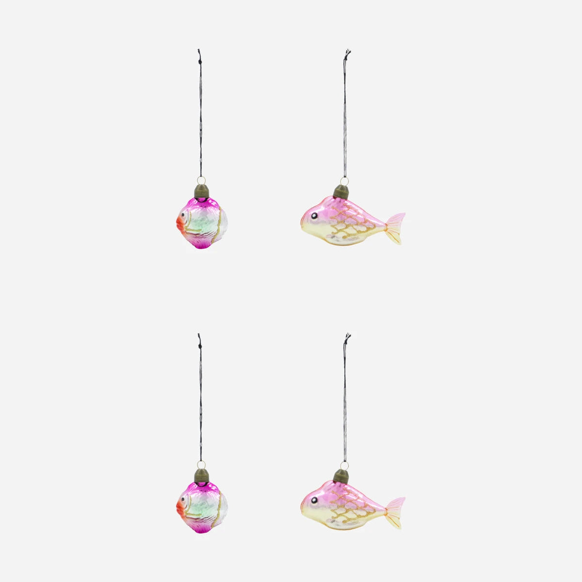 House Doctor Set of 4 Glass 'Pez' Hanging Ornaments in Gold & Pink -against a white background