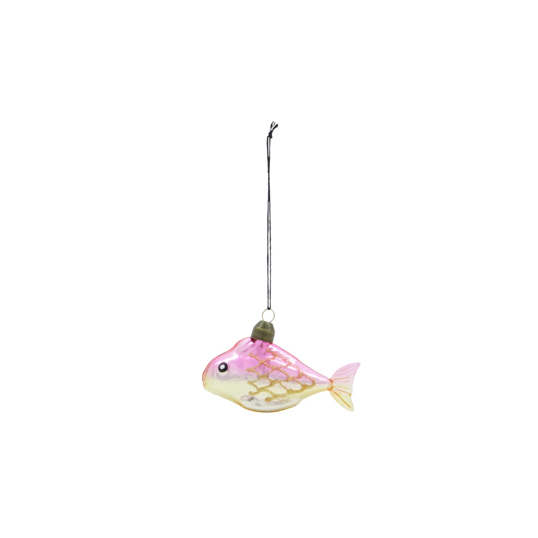 House Doctor Set of 4 Glass 'Pez' Hanging Ornaments in Gold & Pink - gold and pink fish against a white background