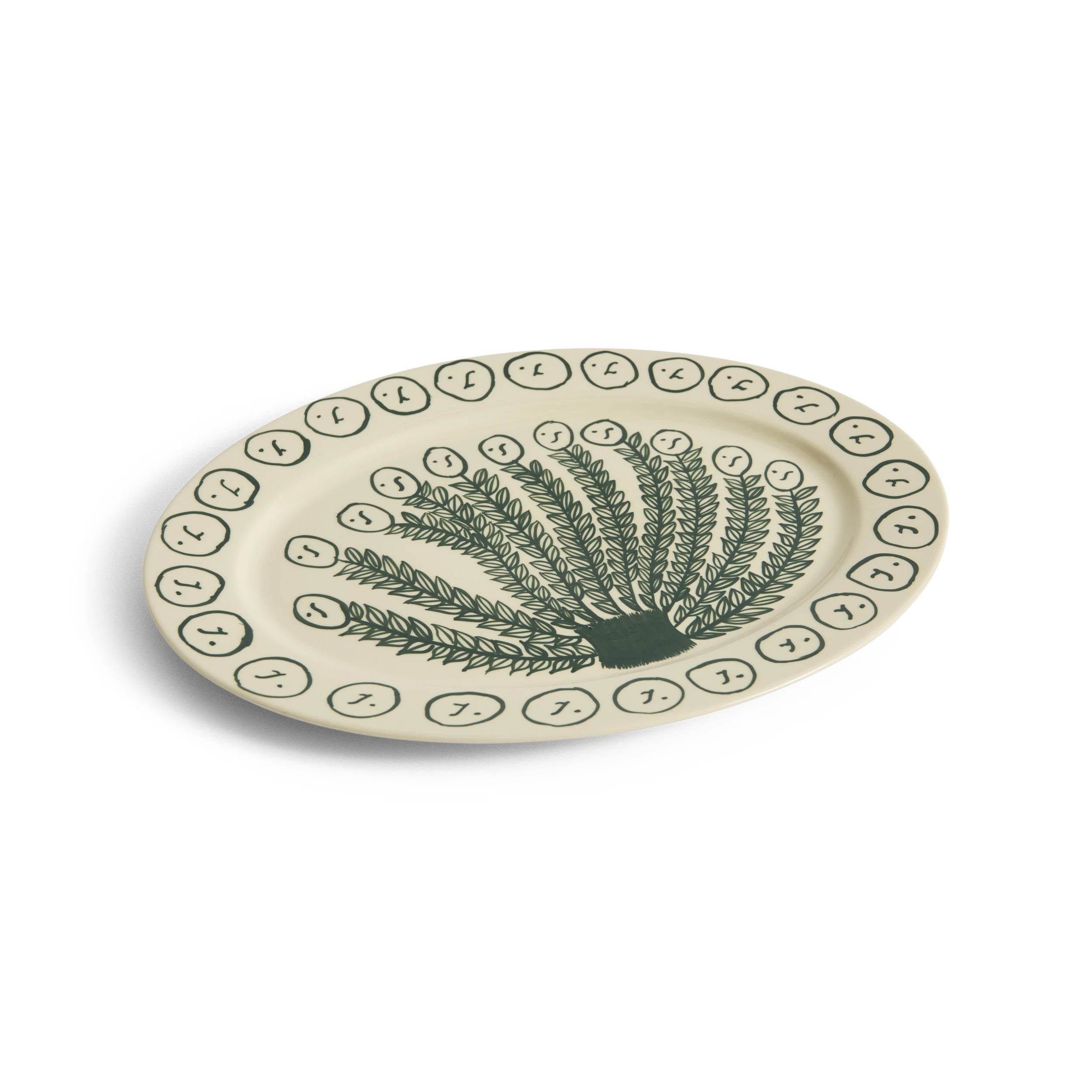 HAY x Emma Kohlmann - La Pittura Ø36.5cm Serving Platter in Olive Grove pattern at an angle