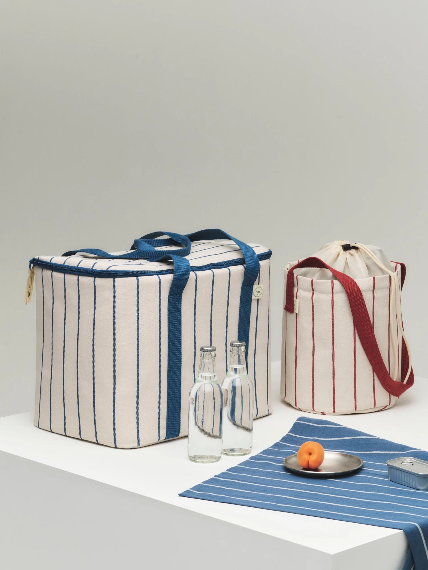 HAY Outdoor Market Cooler Bag (Recycled Poly) in Beige with Blue Stripe - Lifestory