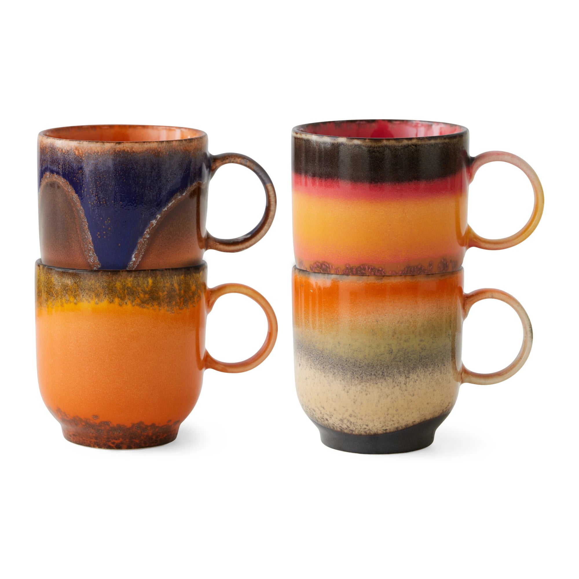 White background with 4 mugs in different colourful glazes. They are stacked in 2 columns