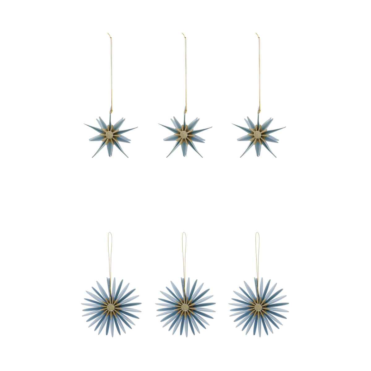 Six blue starburst Christmas ornaments with gold-toned centers and hanging strings, arranged in two rows of three on a plain white background.