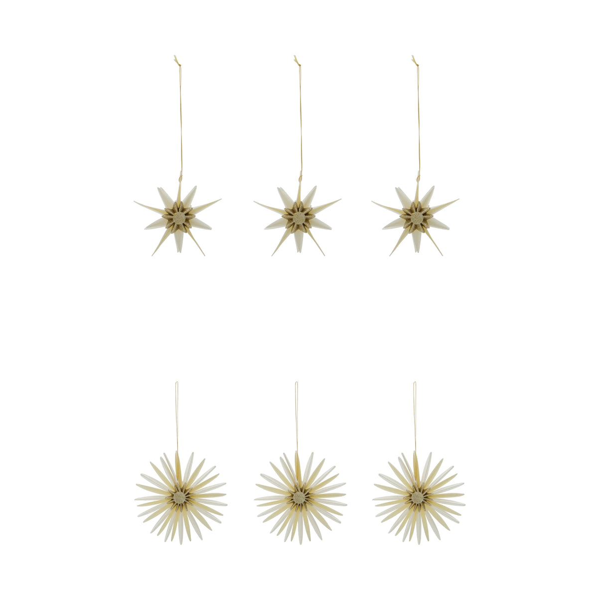 Six off white starburst Christmas ornaments with hanging strings, arranged in two rows of three on a plain white background.