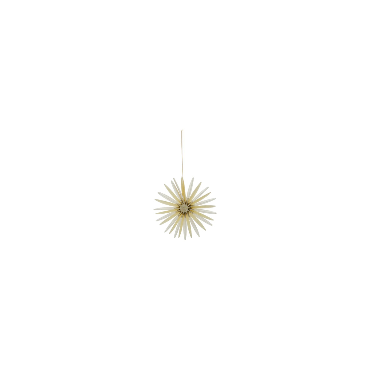 Off white and gold floral hanging ornament against a white background