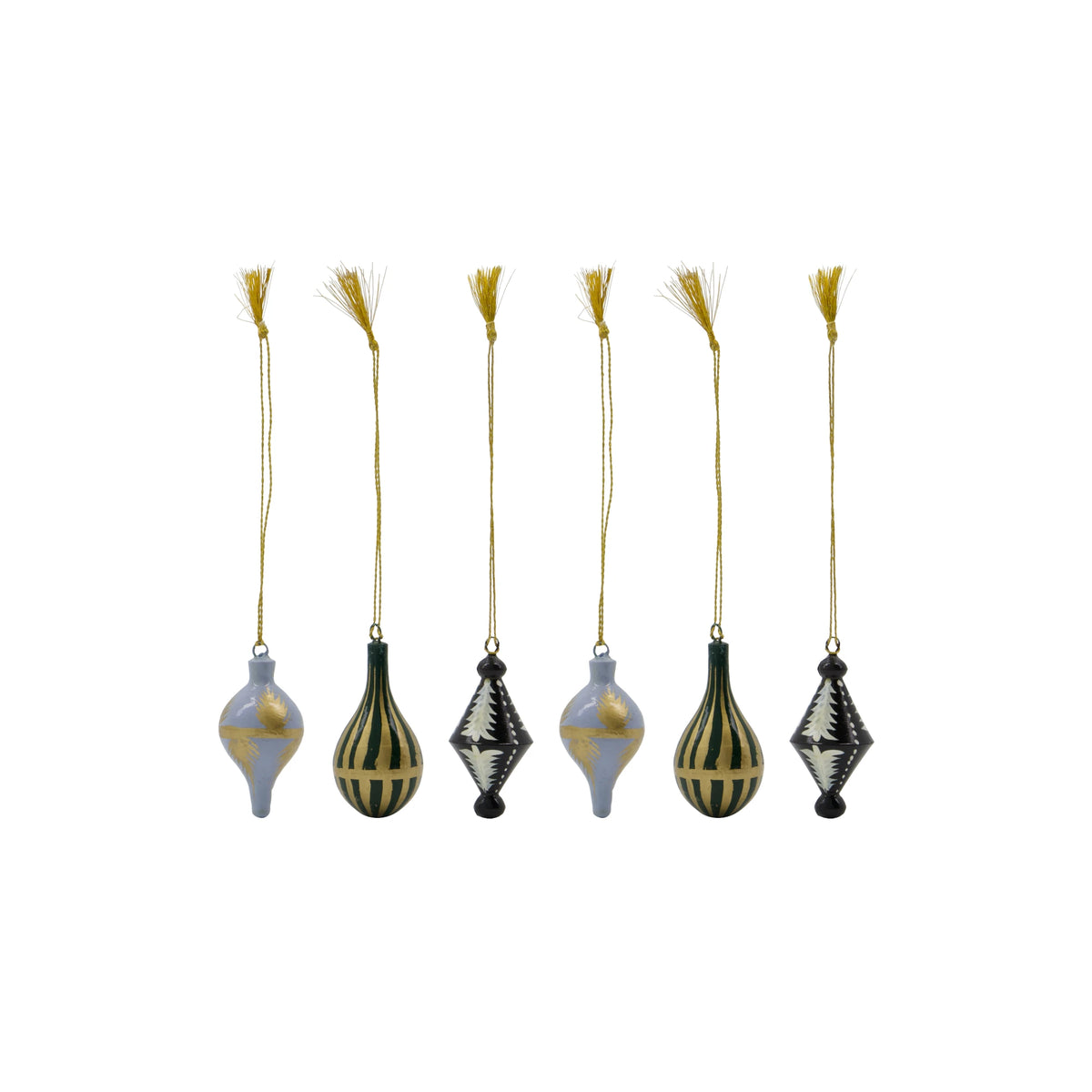 Six vintage-style Christmas tree ornaments hanging from gold strings on a plain white background. The ornaments include combinations of gold, black, and light blue with striped and patterned designs.