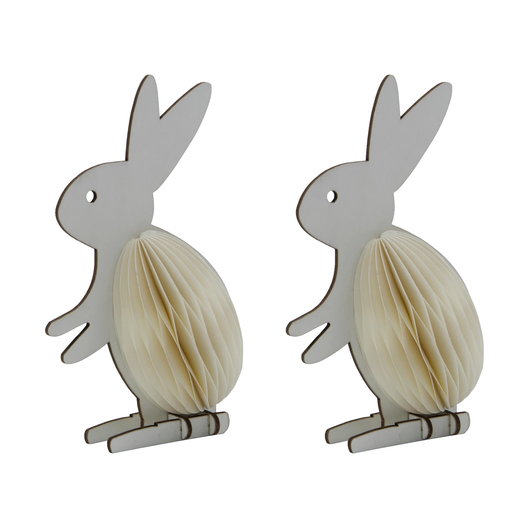 2 standing paper ornaments shaped like rabbits against a white background