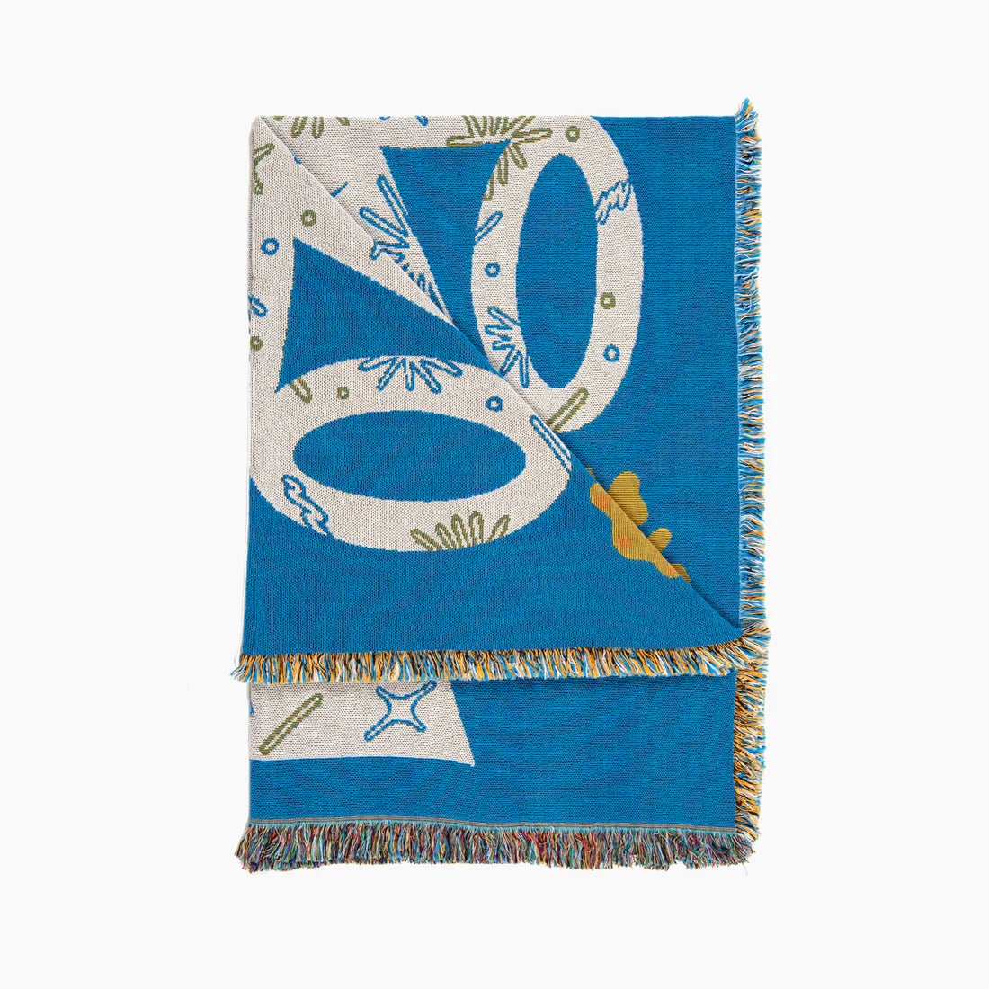 Blue, white and yellow tapestry blanket with a frayed edge detail