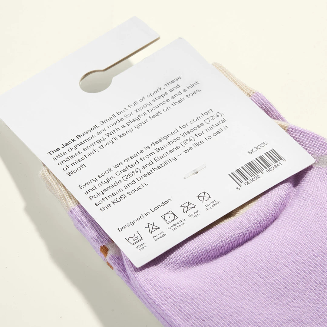 KOSI London The Jack Russell Bamboo Socks (UK 3-8) and KOSI London packaging on a white background | Lifestory
