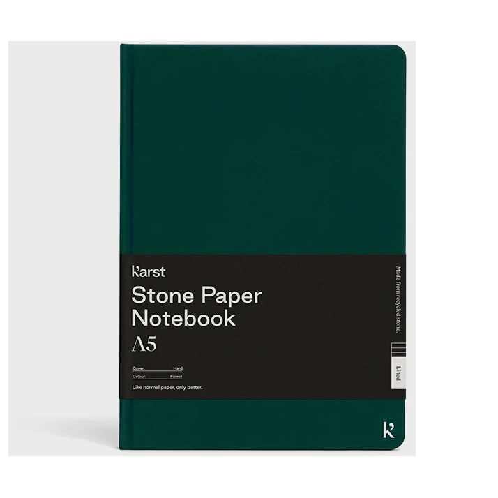 Karst A5 Stone Paper Hardcover Notebook - lined pages with forest green cover and bellyband