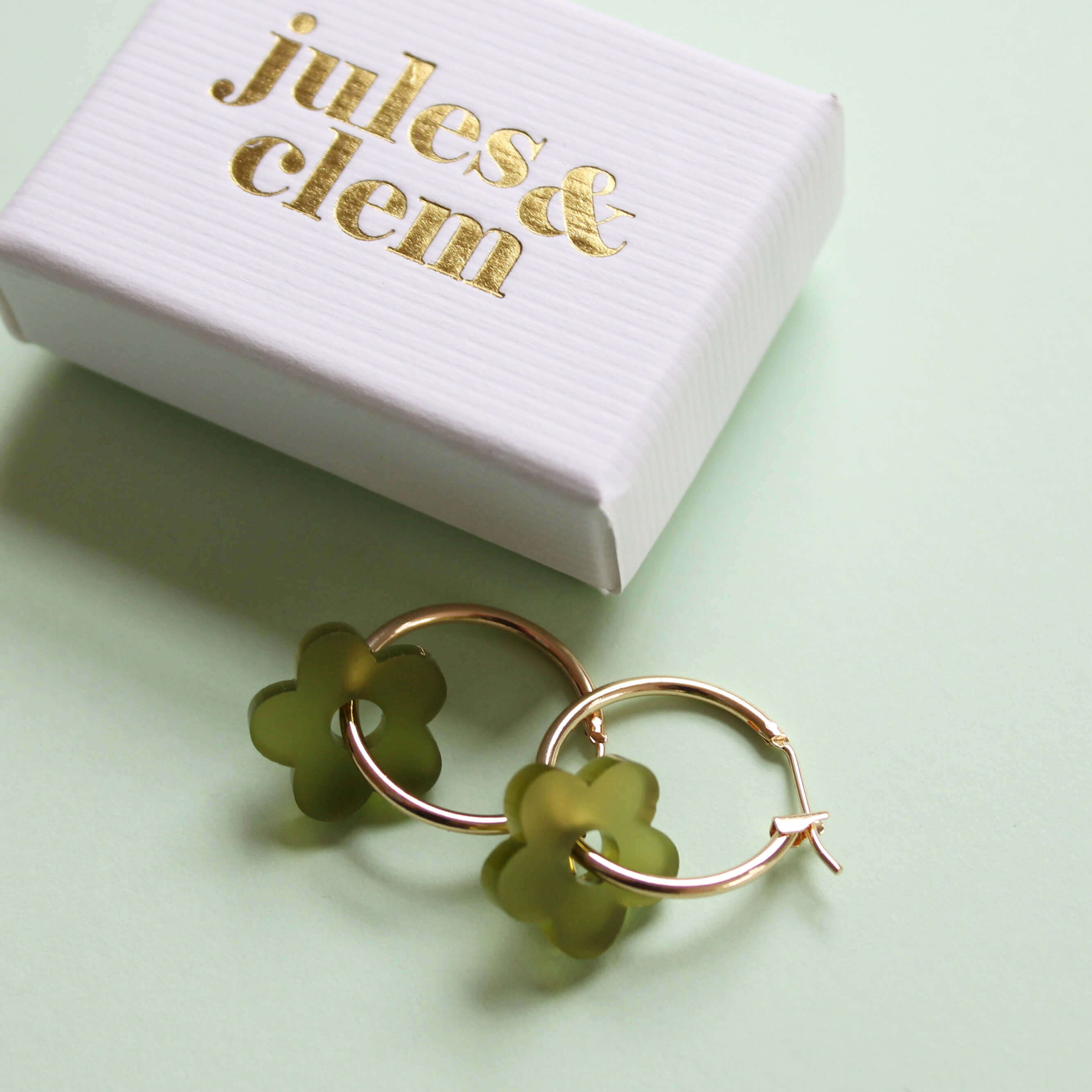 Flower Hoop Earrings | Olive | Perspex & Gold Plate | by Jules & Clem - Lifestory