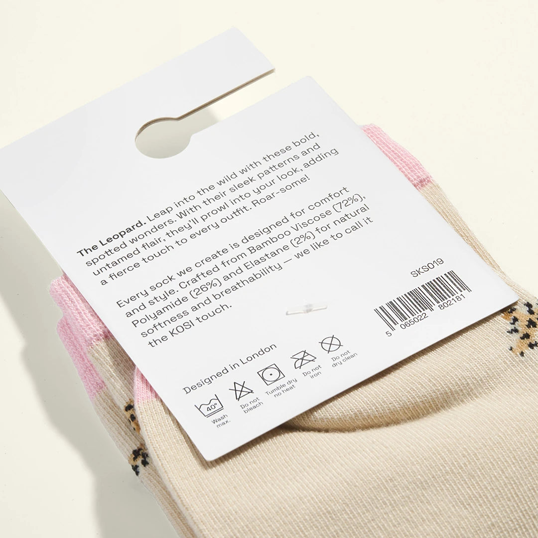 KOSI London The Leopard Bamboo Socks (UK 3-8) and KOSI London packaging on a white background | Lifestory