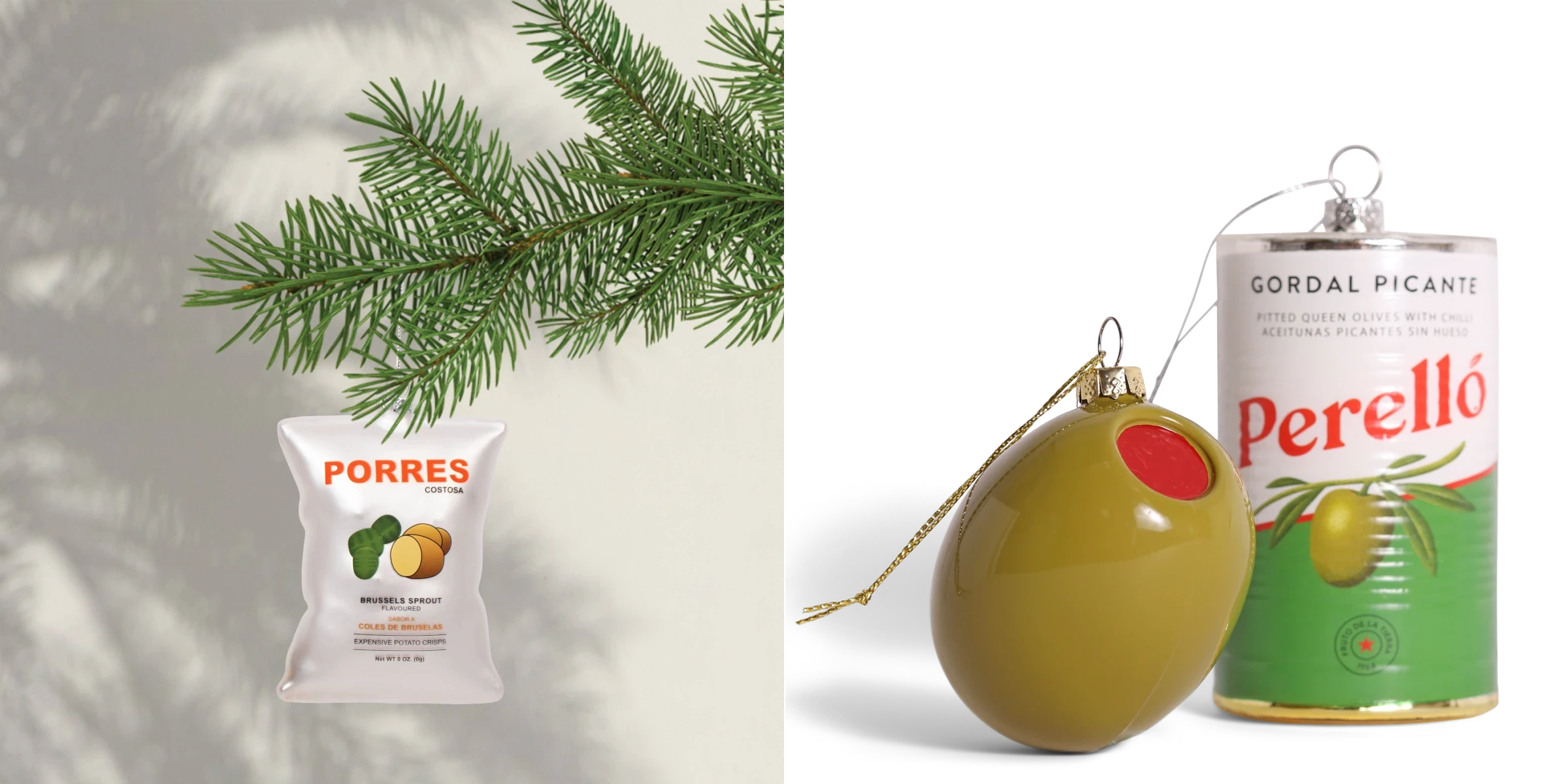 Decorative items including a can of Perello olives, a bag of Porres olives, and an olive-shaped ornament on a light background.