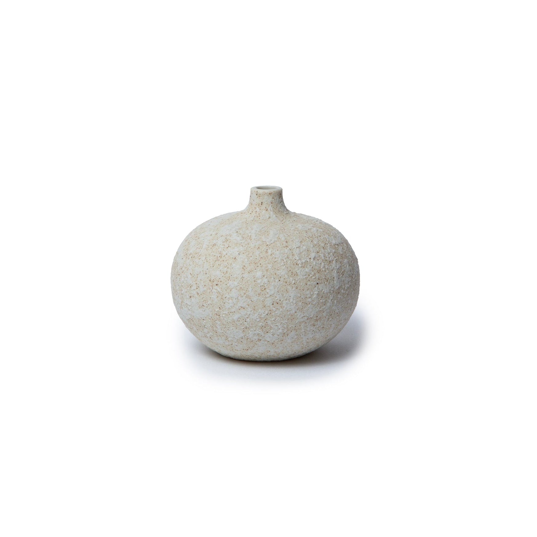 A small round ceramic vase with a short neck, featuring a speckled beige and off-white glaze, centered on a solid white background.