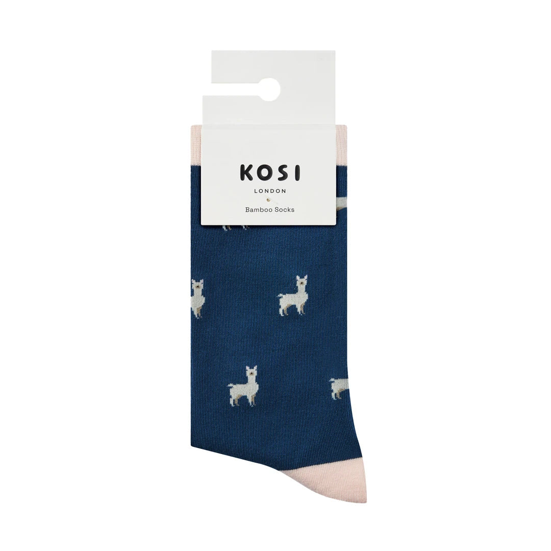 KOSI London The Llama Bamboo Socks (UK 3-8) and KOSI London packaging on a white background | Lifestory