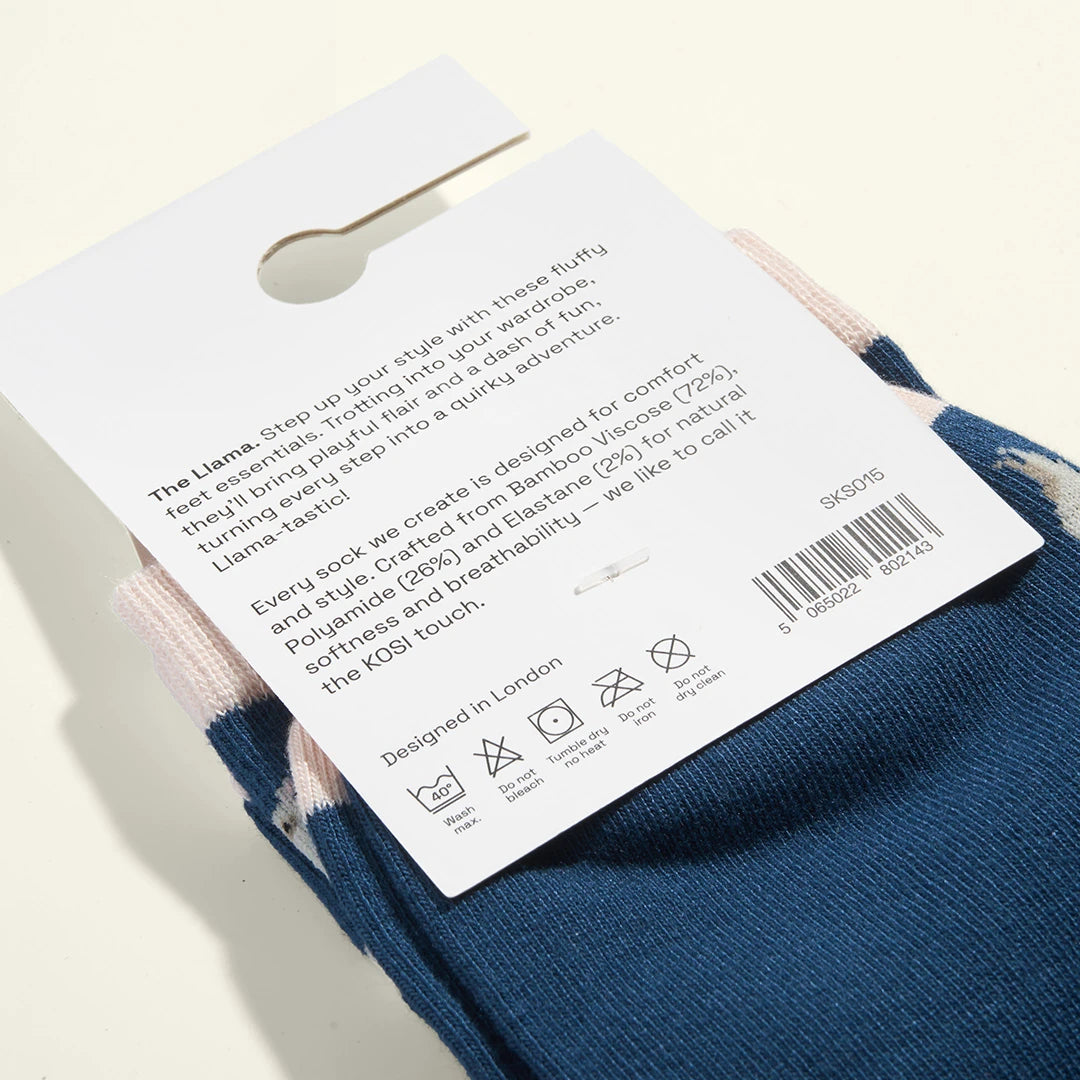 KOSI London The Llama Bamboo Socks (UK 3-8) and KOSI London packaging on a white background | Lifestory
