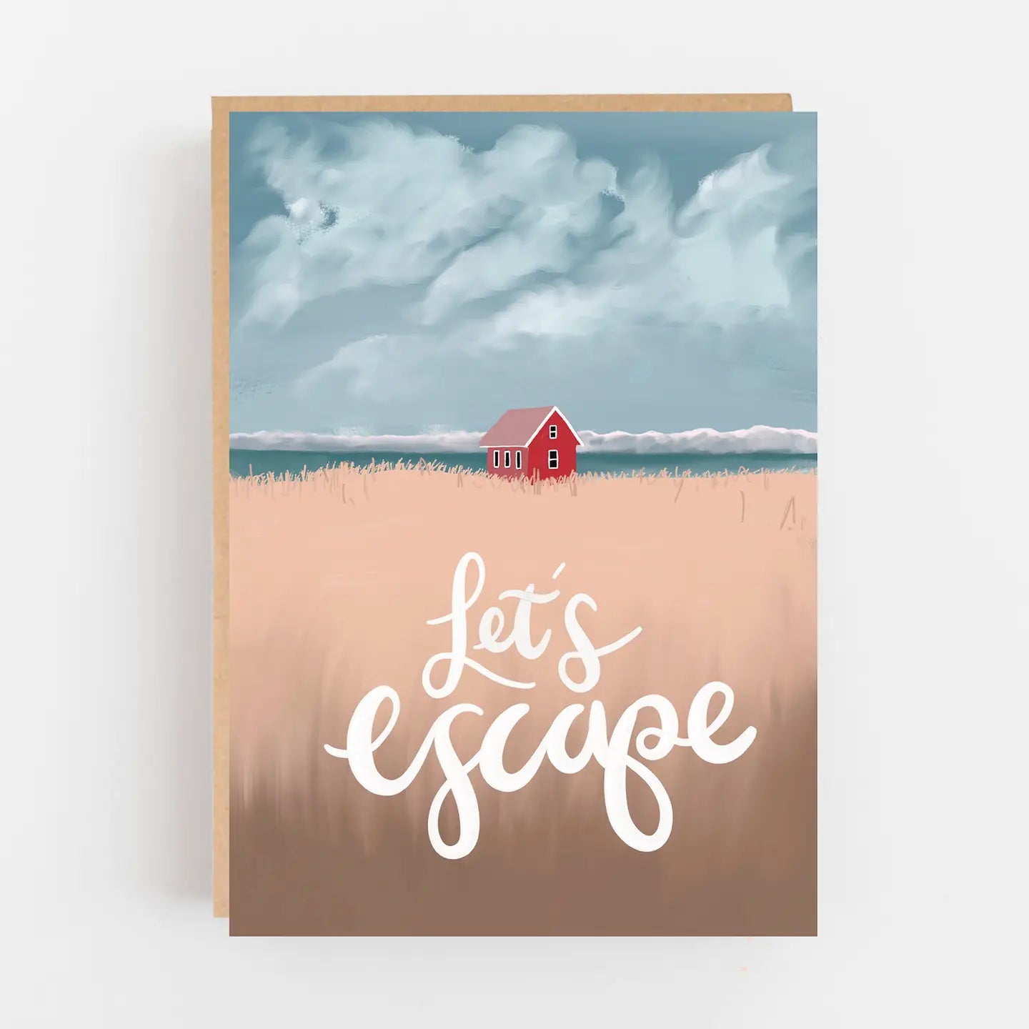 Greeting card with a red house, ocean, and 'Let's Escape' text on a white background