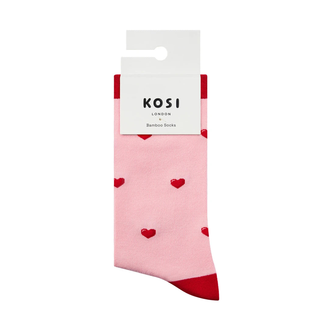 KOSI London Love Heart Bamboo Socks (UK 3-8) and KOSI London packaging on a white background | Lifestory