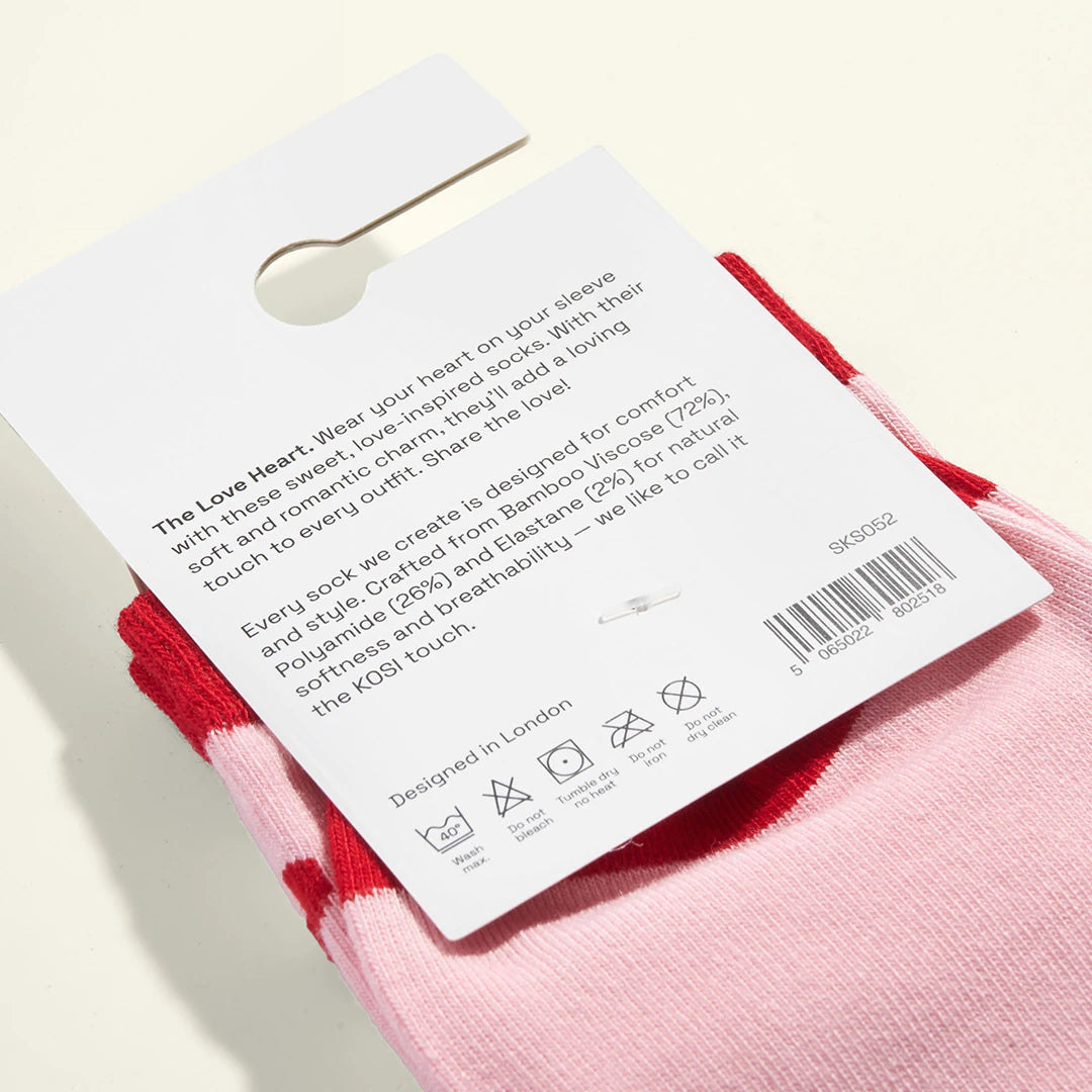 KOSI London Love Heart Bamboo Socks (UK 3-8) and KOSI London packaging on a white background | Lifestory