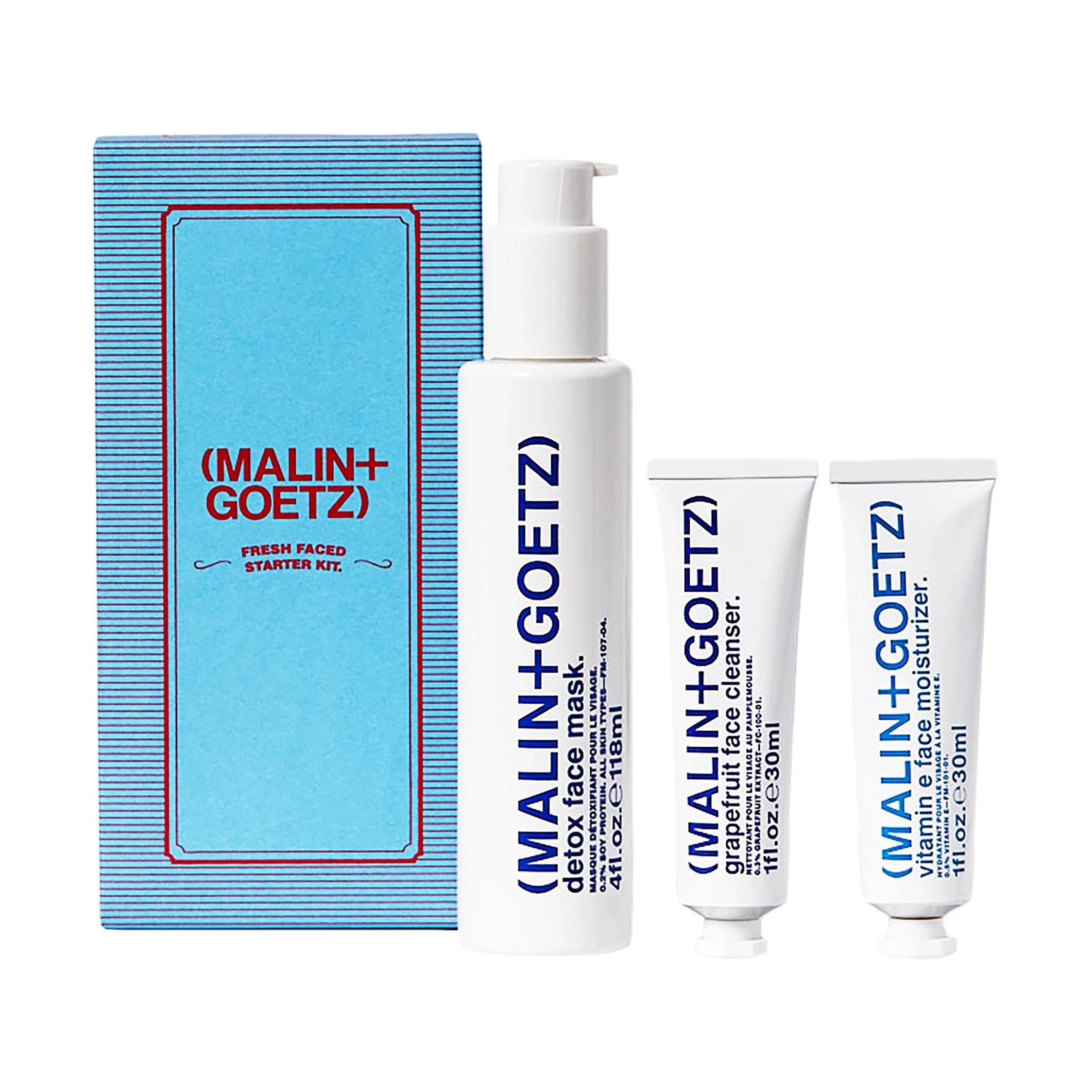 Malin and Goetz Fresh Faced Start Kit 2024. A blue box with the 3 products on a white background