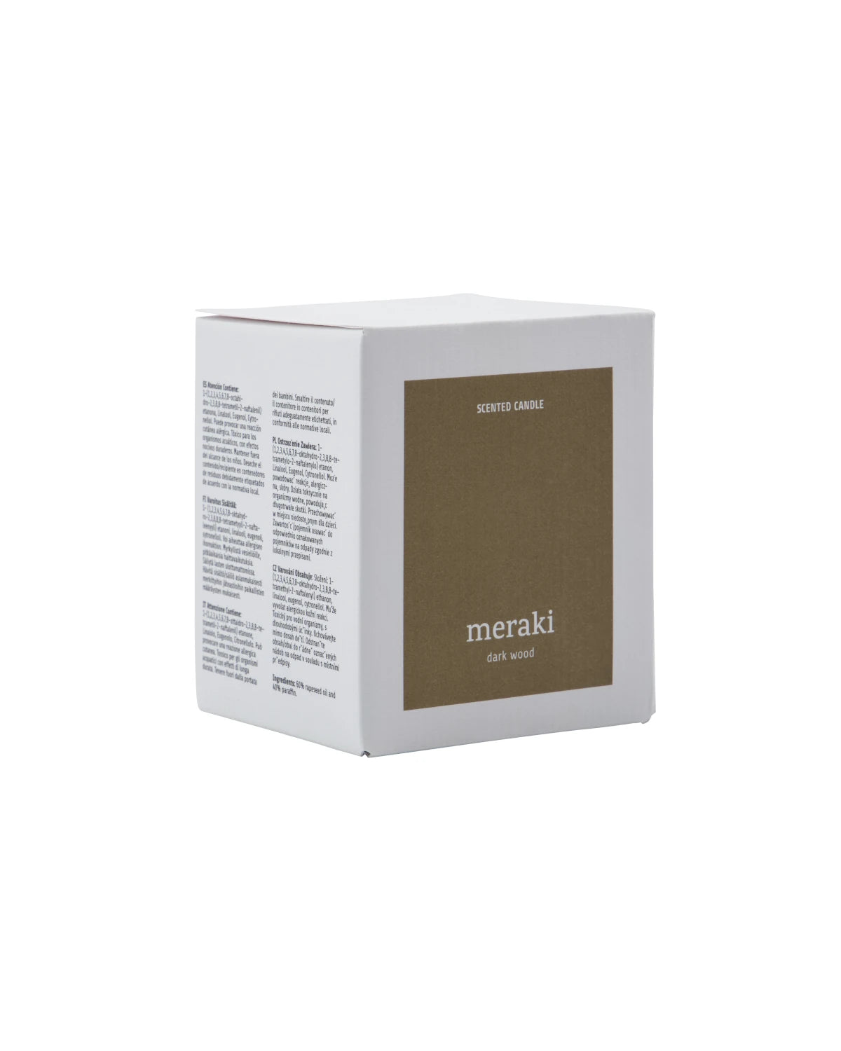 Meraki Large Scented Candle (28 Hour Burn) - Dark Wood packaging