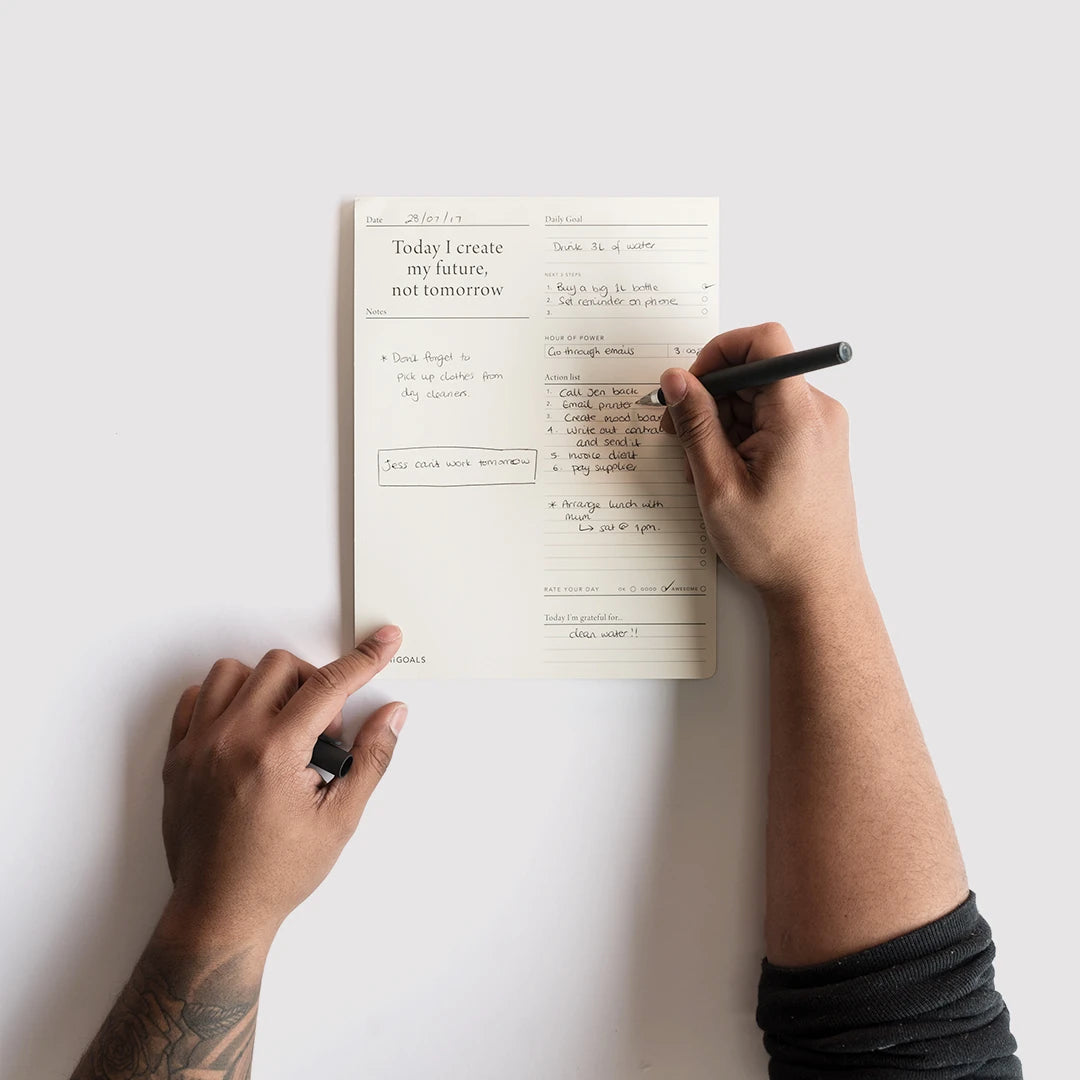 A white background witha pair of mens hands holding a pen and writing on the MiGoals To Do Desk Pad
