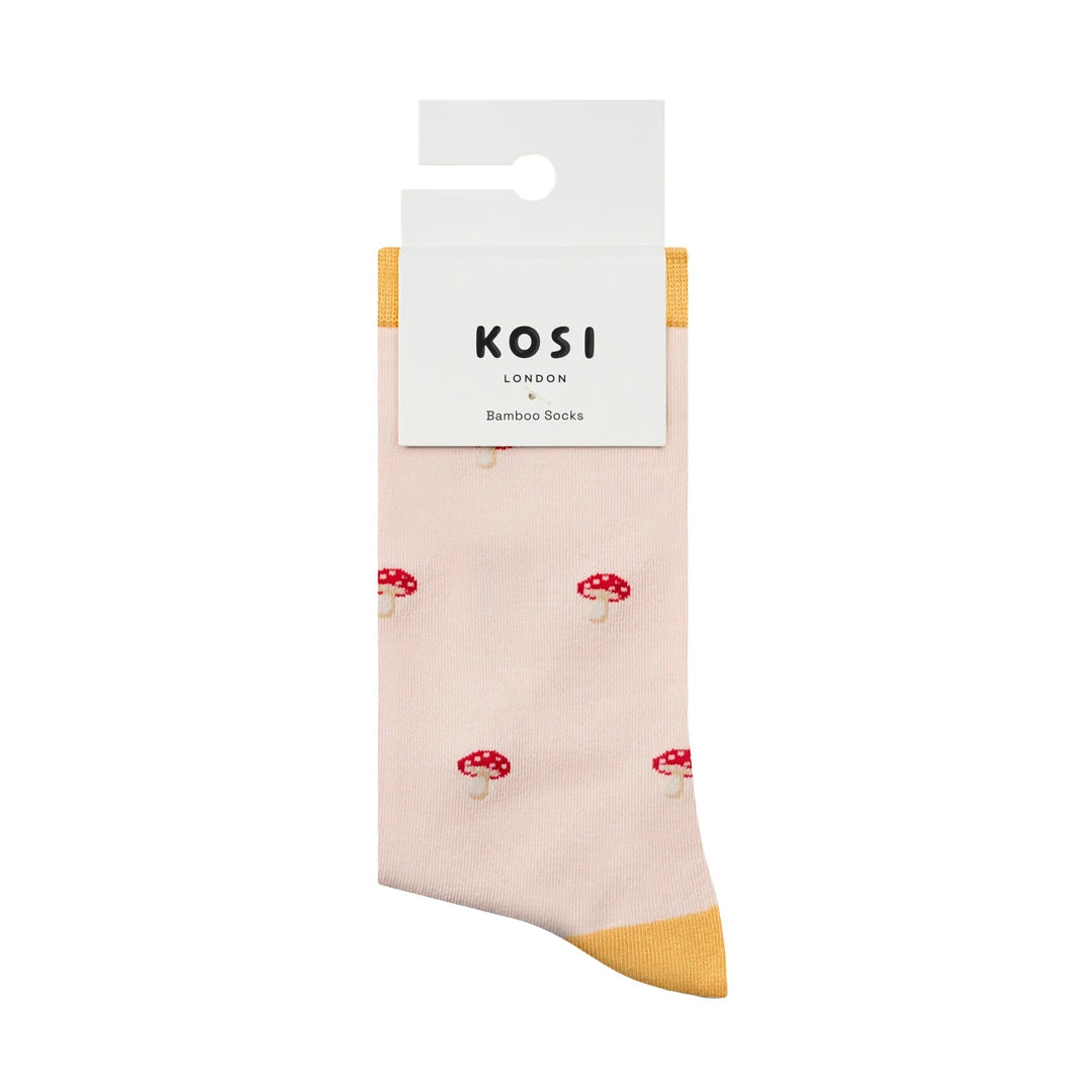 KOSI London The Mushroom Bamboo Socks (UK 3-8) and KOSI London packaging on a white background | Lifestory