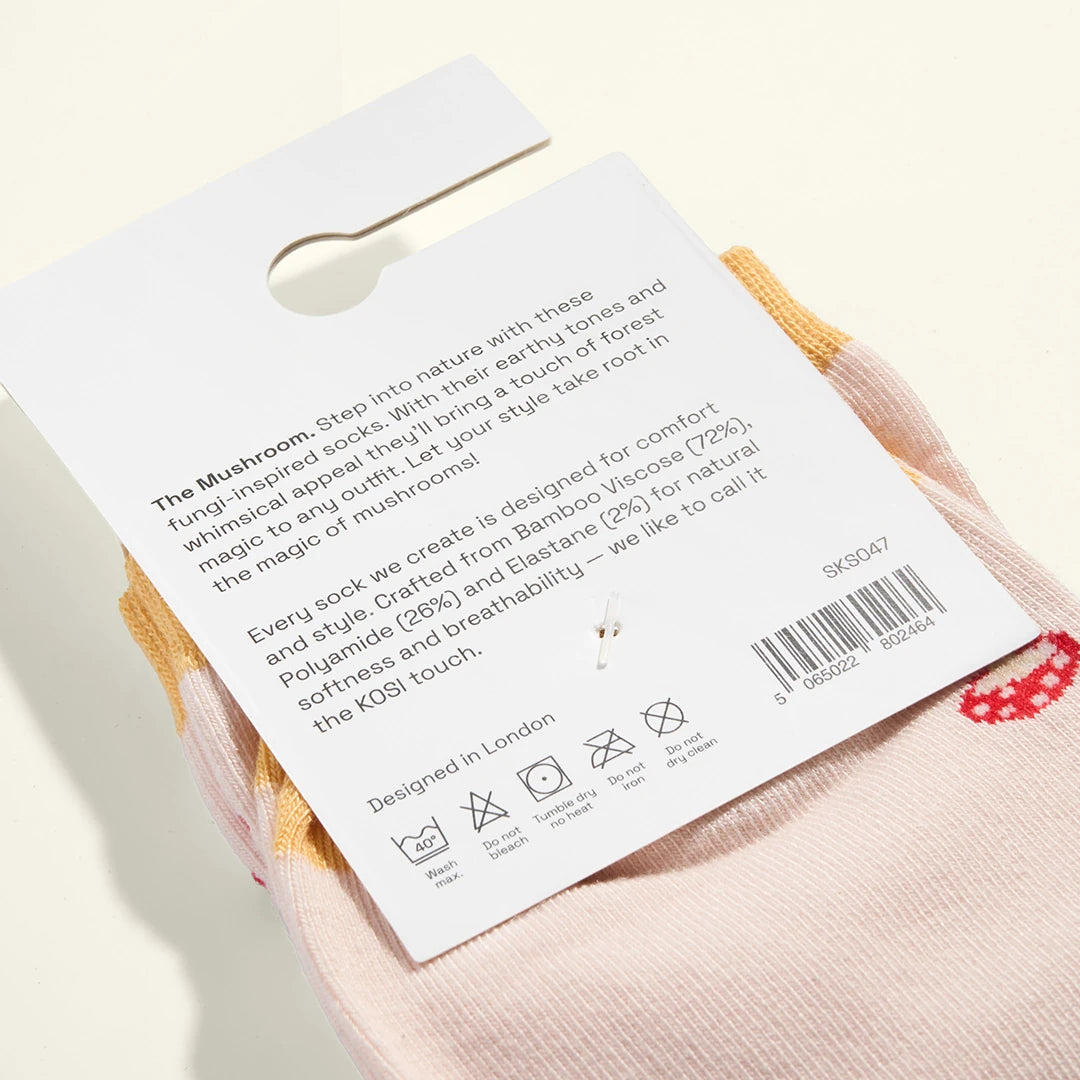 KOSI London The Mushroom Bamboo Socks (UK 3-8) and KOSI London packaging on a white background | Lifestory