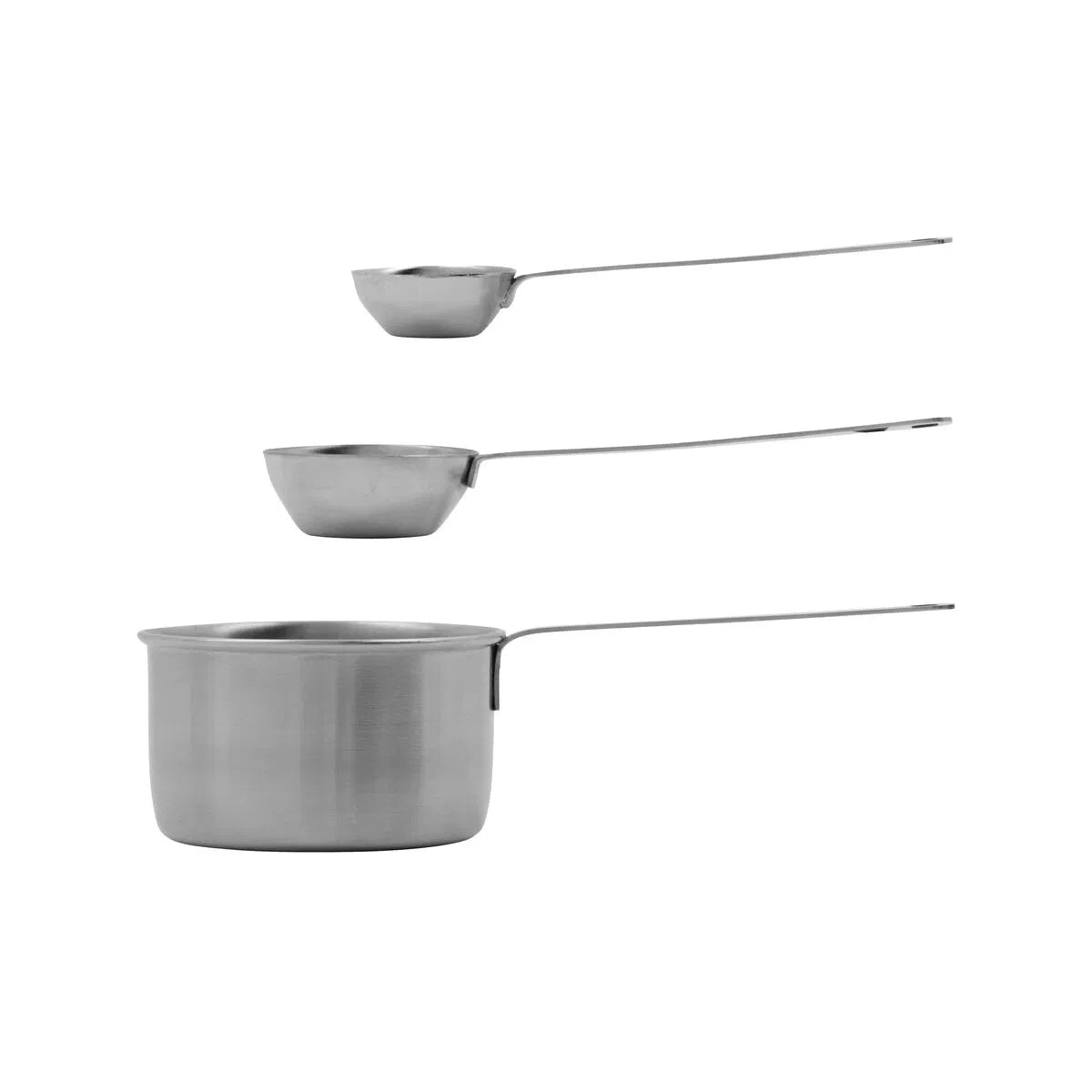 Set of stainless steel measuring cups and ladles on a white background