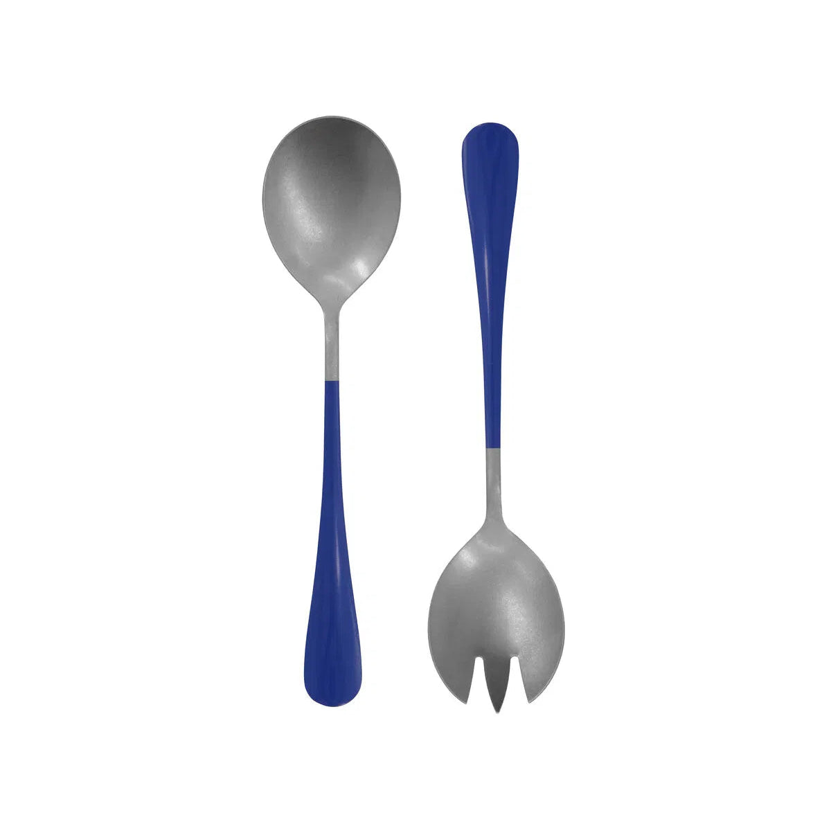 Spoon and fork set with blue handles on a white background