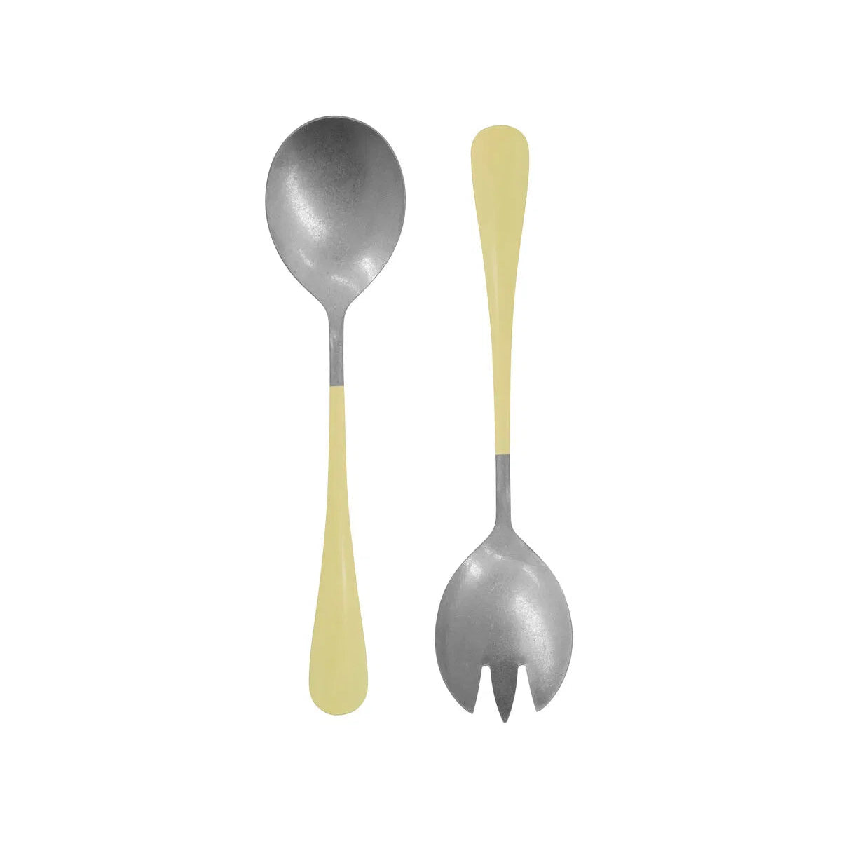 Spoon and fork with yellow handles on a white background